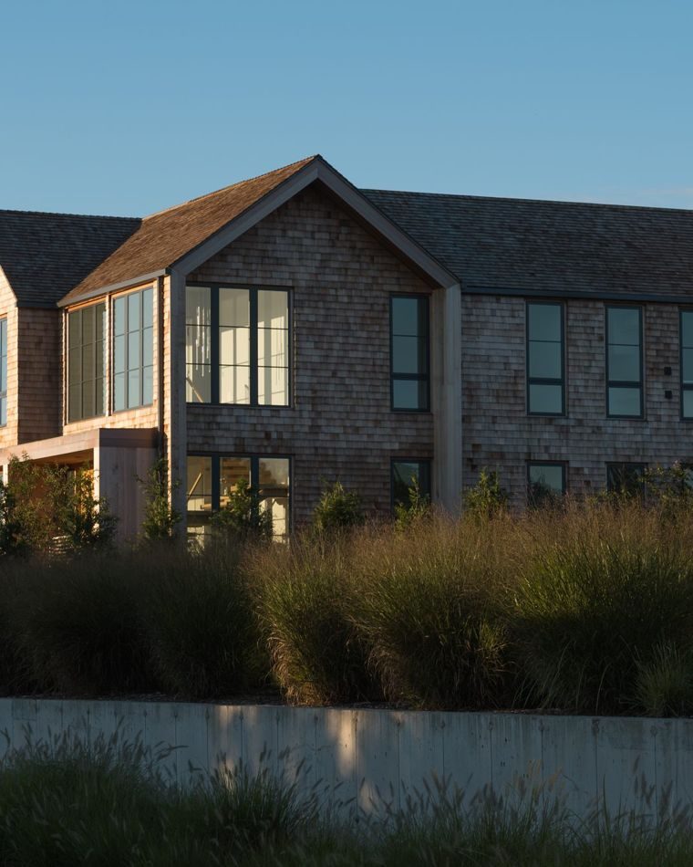 Weathered shingle house behind tall ornamental grasses