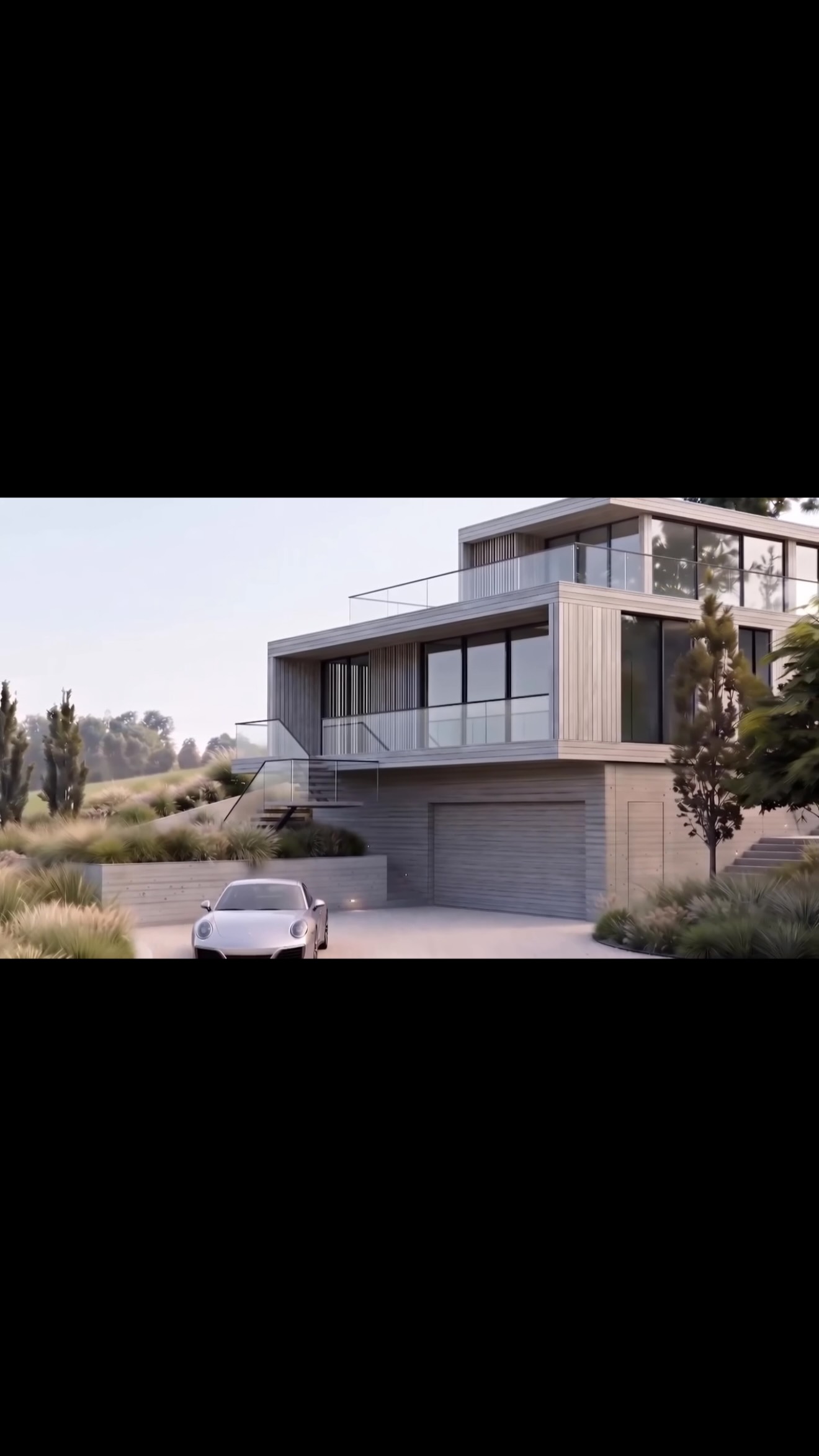 On a narrow lot we designed a guest house tucked into the hillside featuring a garage at the ground level for a car collection 

#modernarchitecture #garage #hamptons #beachhouse